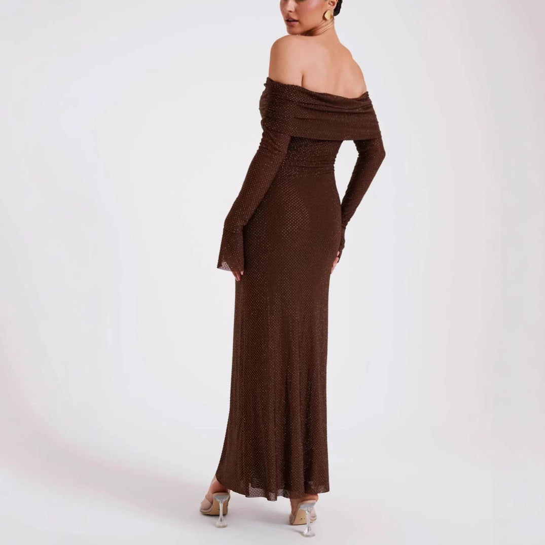 Sexy Luxury Strapless Long Sleeve Slim Rhinestone Noble Dress marrone, poliestere, taglie S-XXL, boutique
