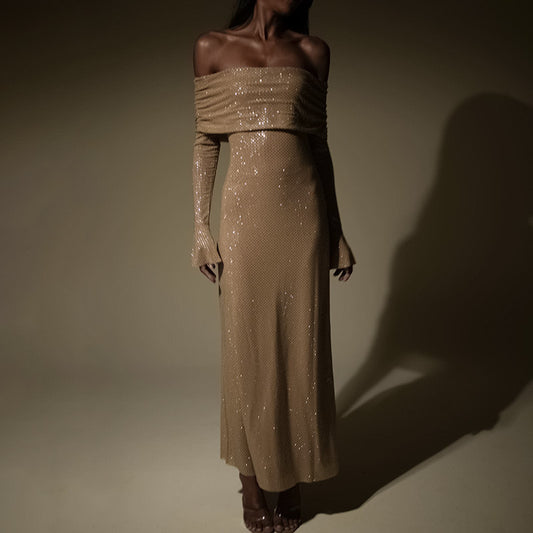 Sexy Luxury Strapless Long Sleeve Slim Rhinestone Noble Dress, abito da sera in paillettes dorate, taglio slim