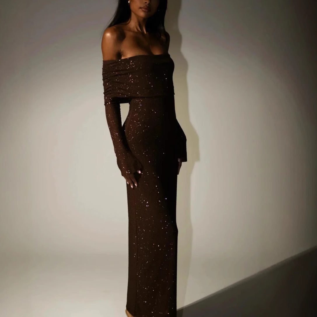 Sexy Luxury Strapless Long Sleeve Slim Rhinestone Noble Dress - abito lungo marrone con strass, stile socialite.