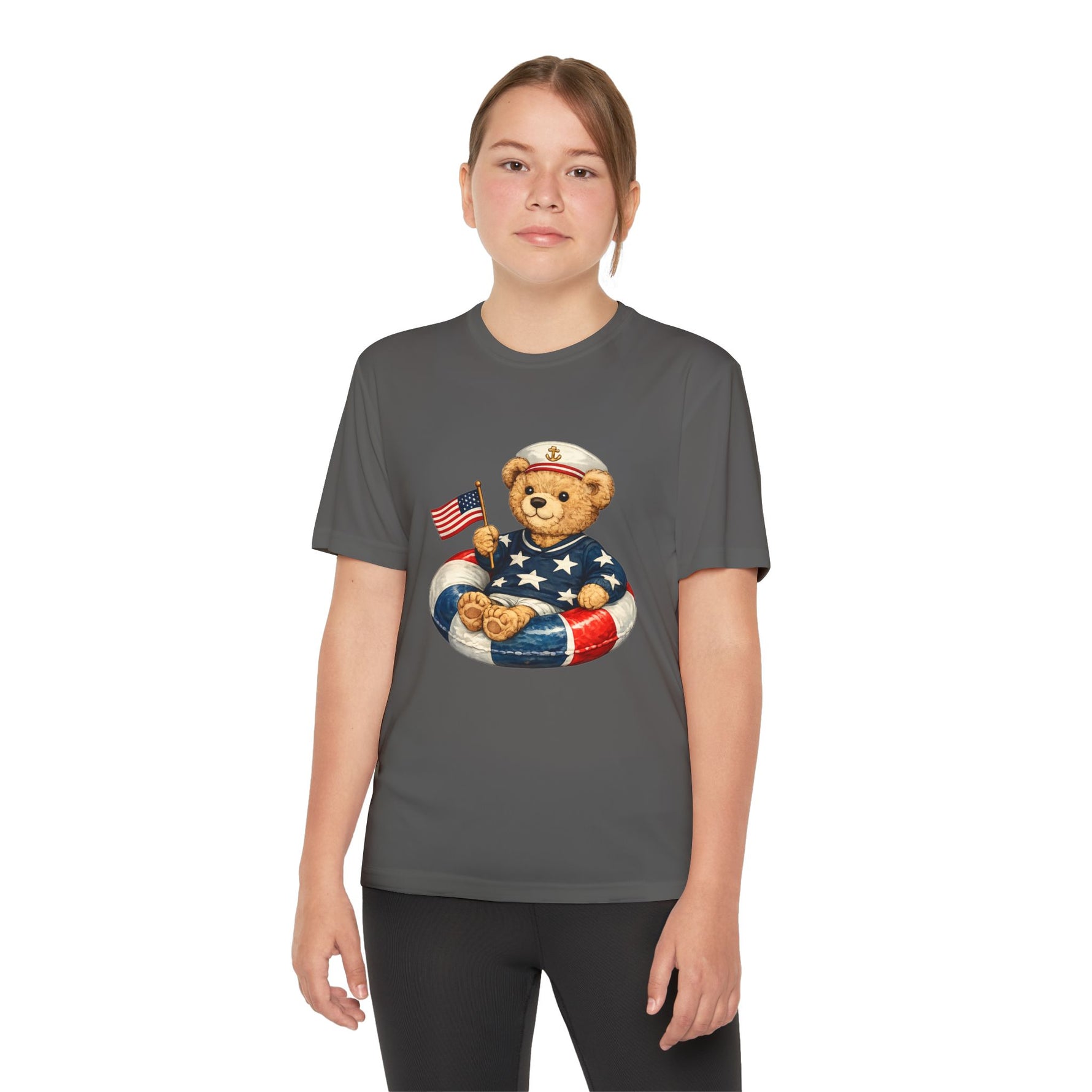 Patriotic Teddy Bear Floatie Youth T-Shirt | American Flag Kids Tee