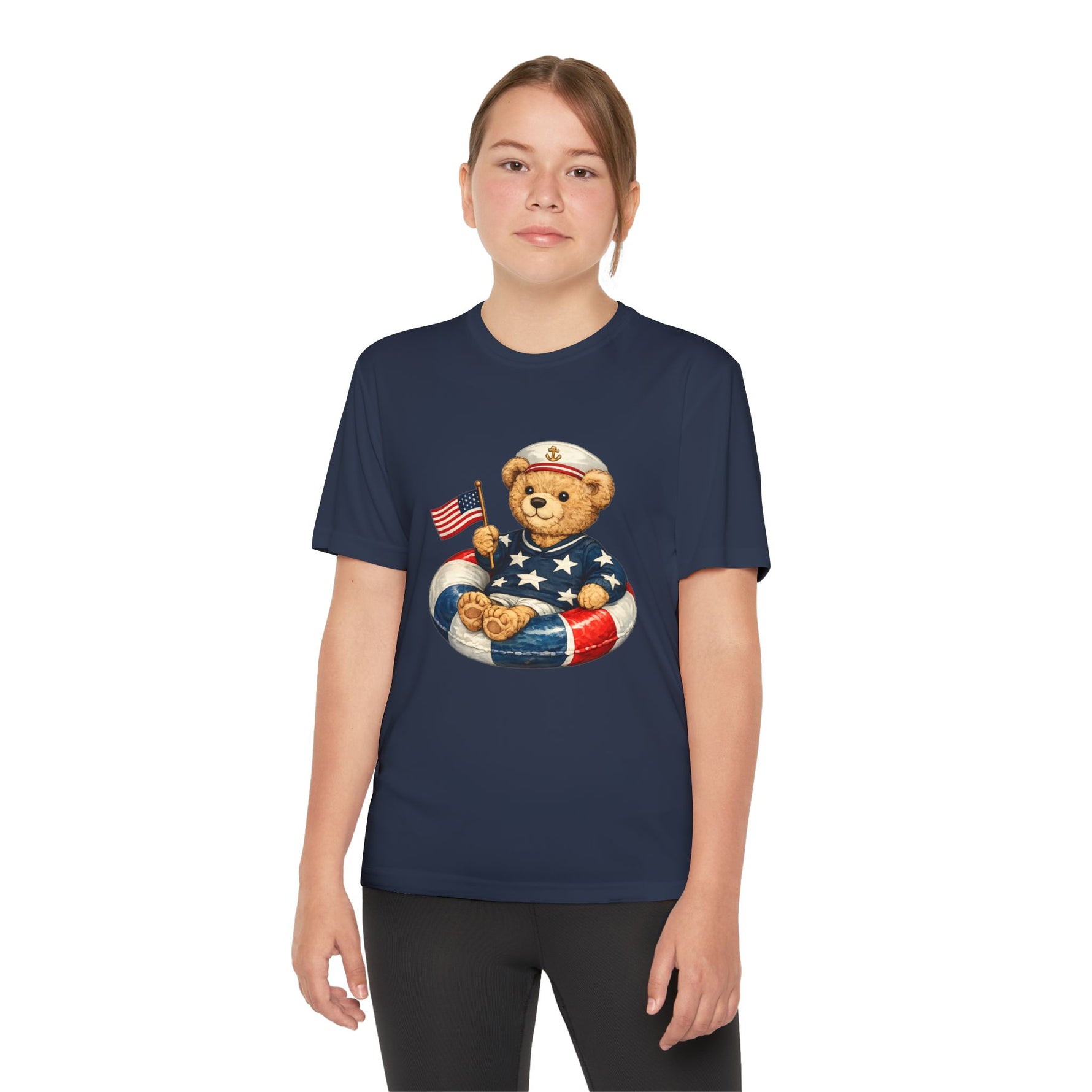 Patriotic Teddy Bear Floatie Youth T-Shirt | American Flag Kids Tee