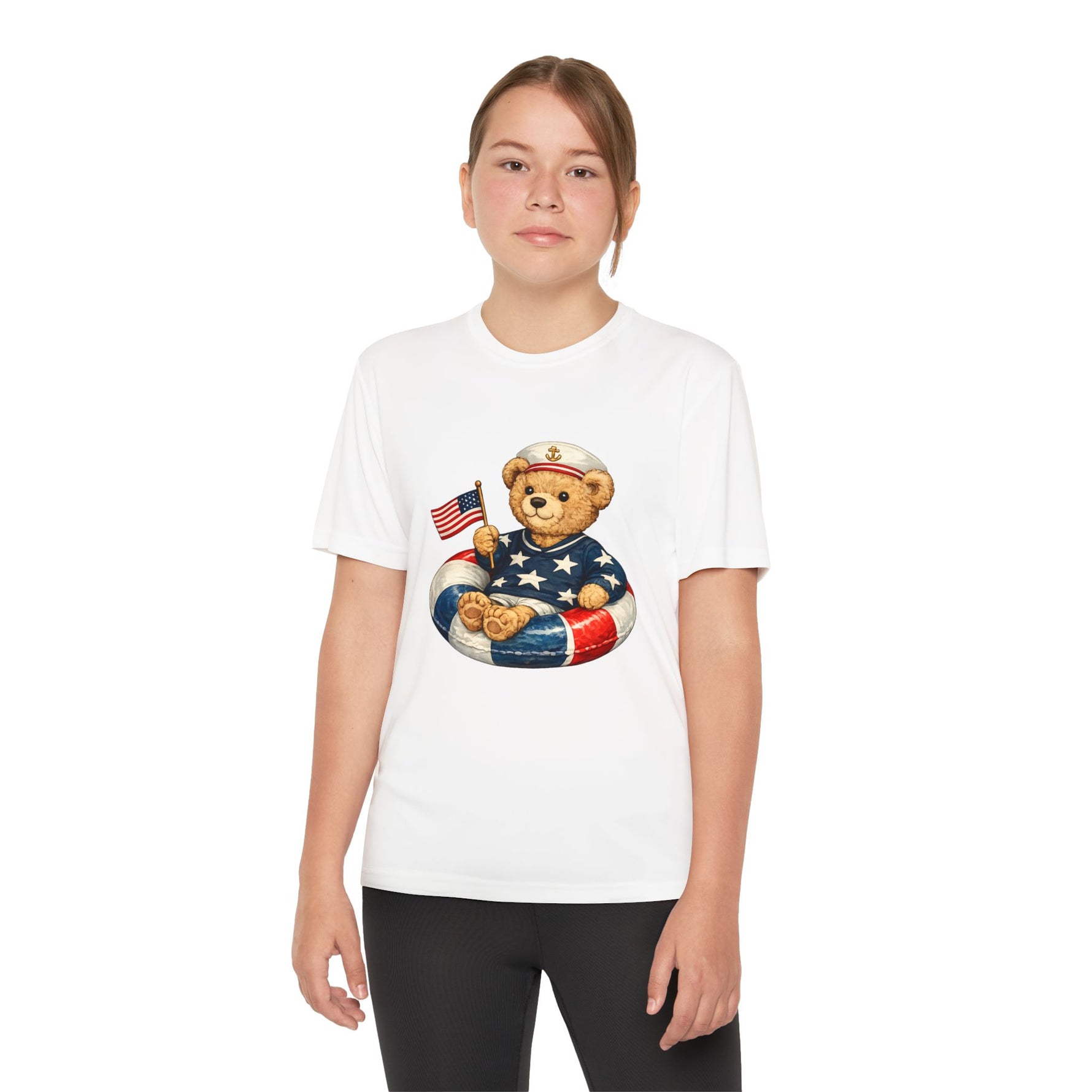 Patriotic Teddy Bear Floatie Youth T-Shirt | American Flag Kids Tee