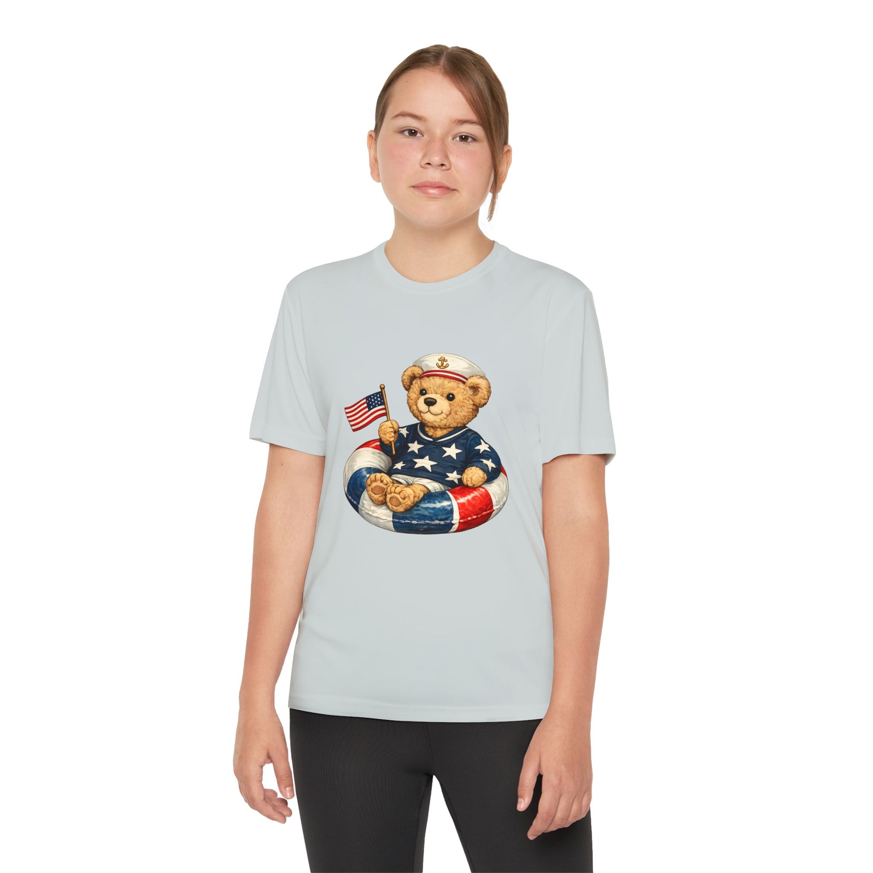 Patriotic Teddy Bear Floatie Youth T-Shirt | American Flag Kids Tee