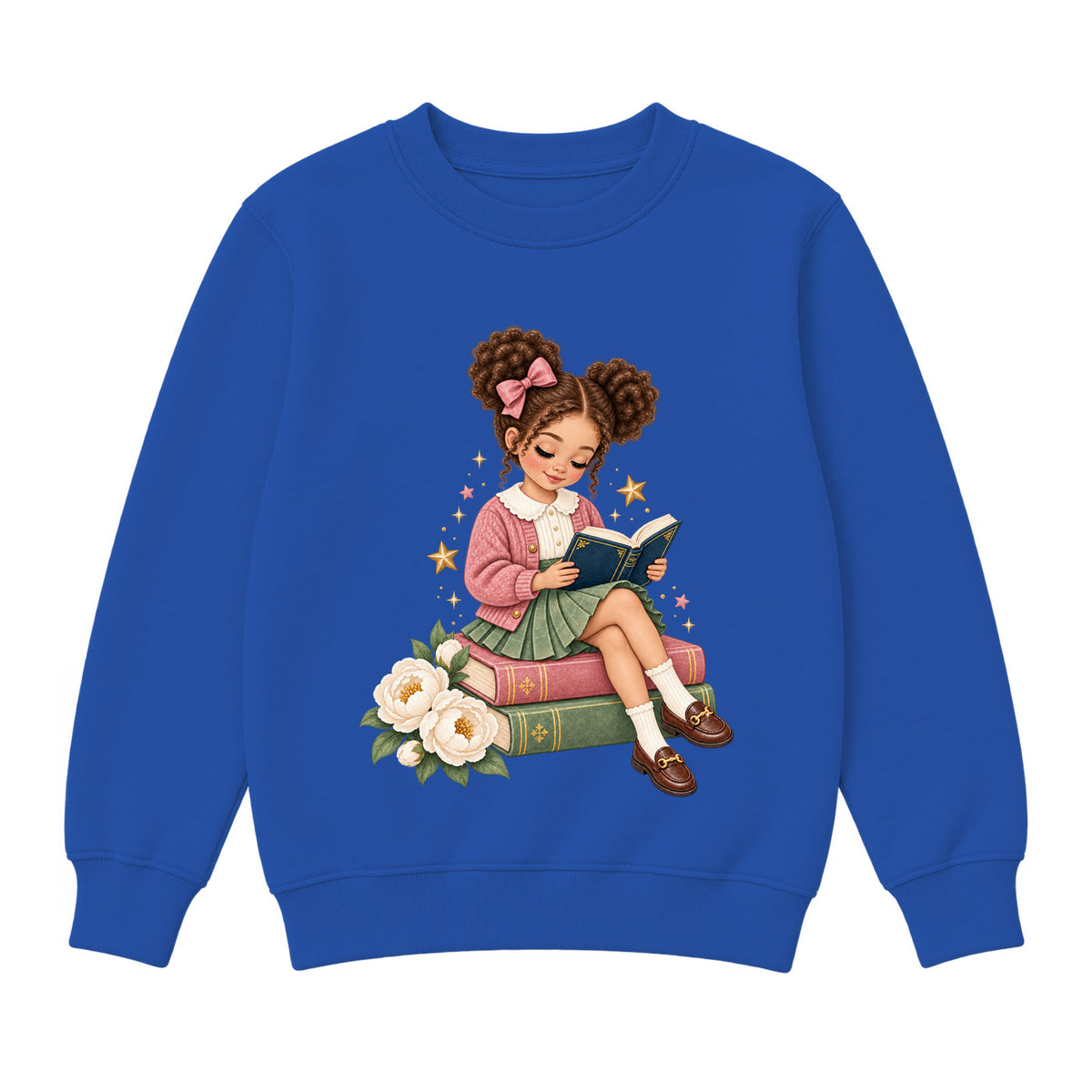 Storybook — Rose-Bowed Girl Reading Among Peonies — Boys' Sweatshirt / Royal
