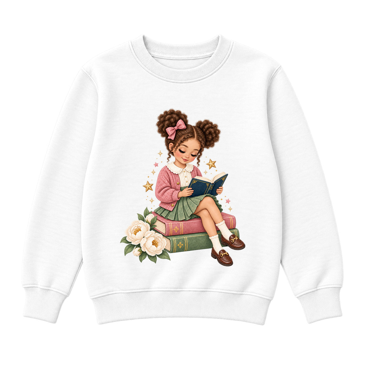 Storybook — Rose-Bowed Girl Reading Among Peonies — Boys' Sweatshirt / White