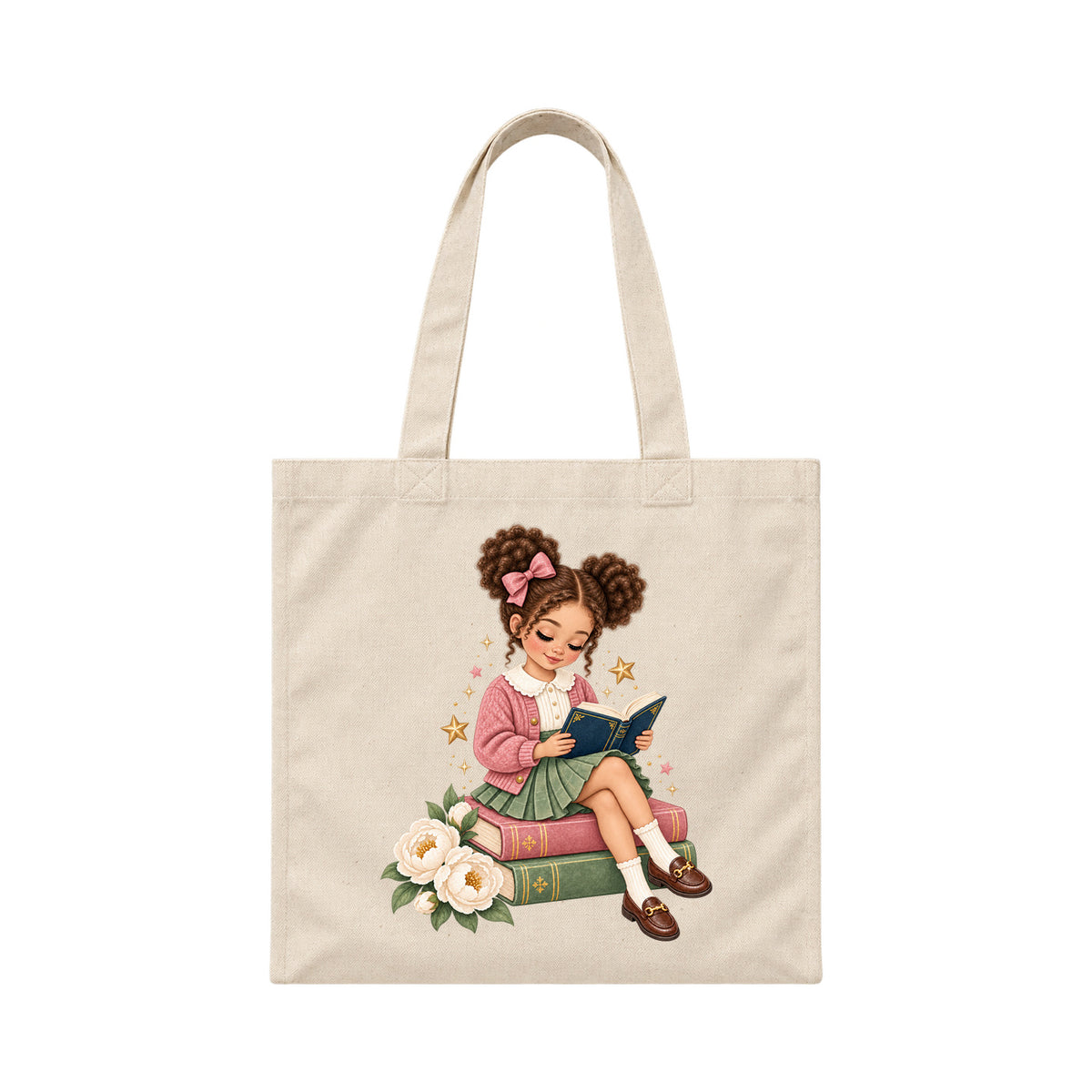 Storybook — Rose-Bowed Girl Reading Among Peonies — Canvas Tote / Natural