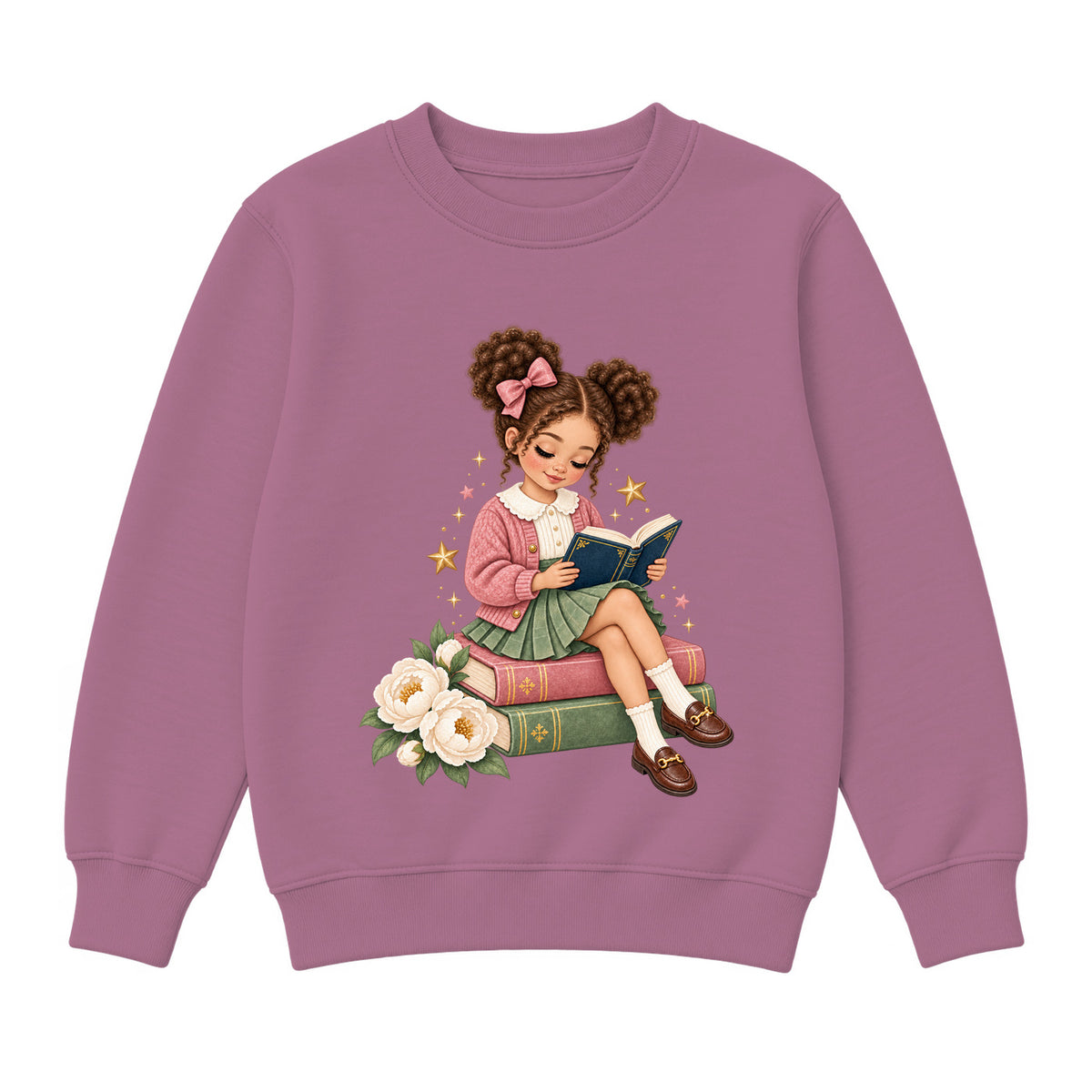 Storybook — Rose-Bowed Girl Reading Among Peonies — Girls' Sweatshirt / Mauvelous