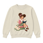 Storybook — Rose-Bowed Girl Reading Among Peonies — Girls' Sweatshirt / Natural Heather