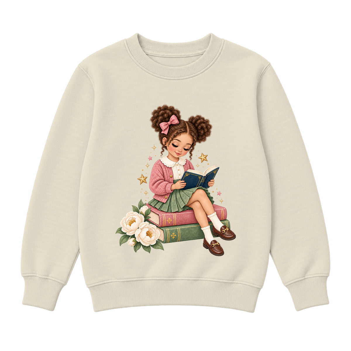 Storybook — Rose-Bowed Girl Reading Among Peonies — Girls' Sweatshirt / Natural Heather
