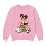 Storybook — Rose-Bowed Girl Reading Among Peonies — Girls' Sweatshirt / Pink