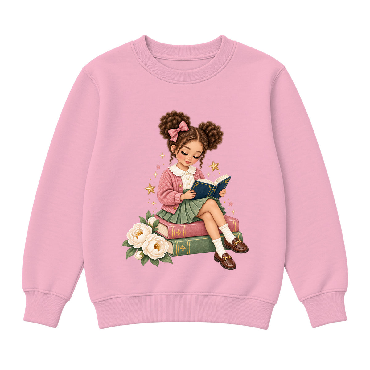 Storybook — Rose-Bowed Girl Reading Among Peonies — Girls' Sweatshirt / Pink