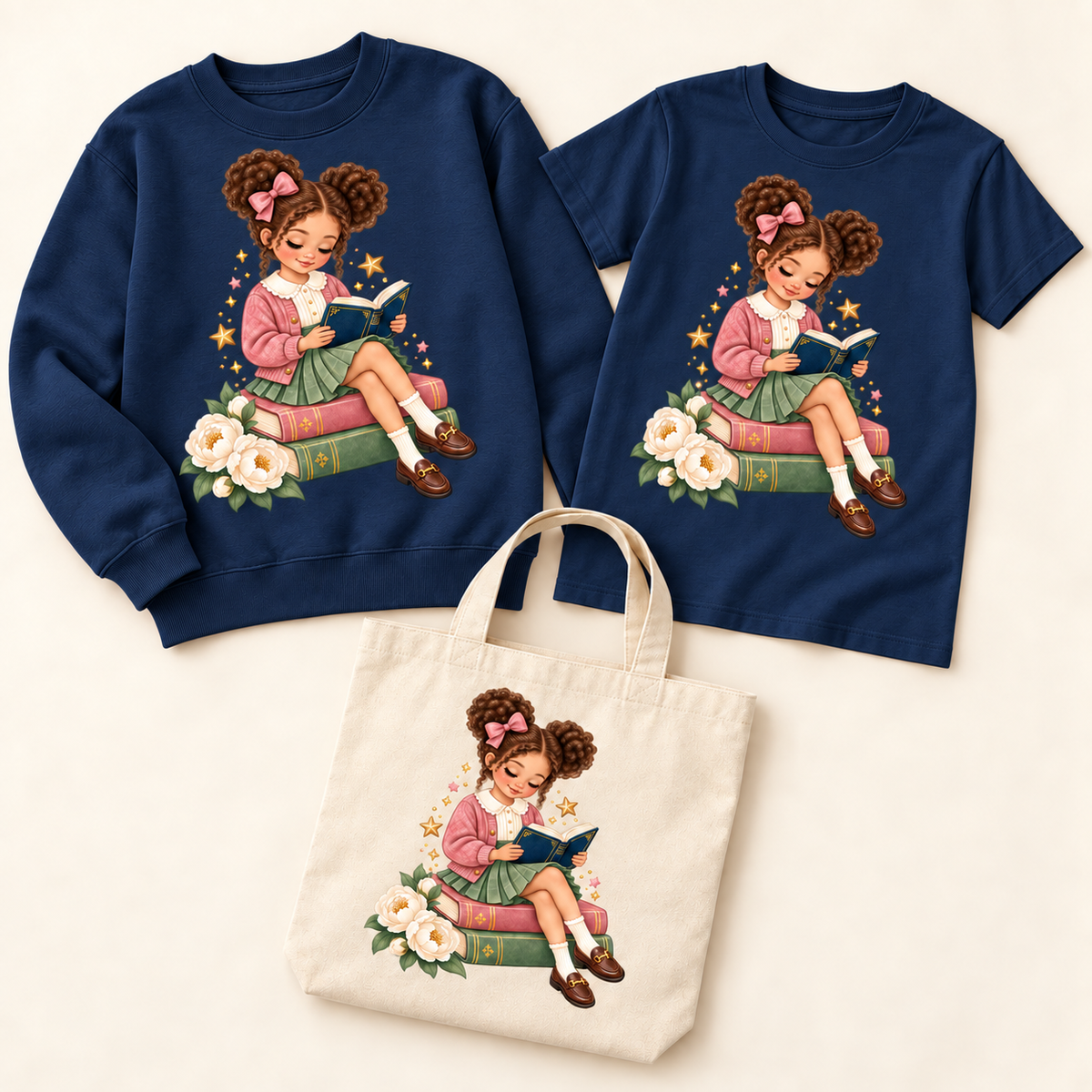 Storybook — Rose-Bowed Girl Reading Among Peonies — Navy sweatshirt and T-shirt, natural canvas tote
