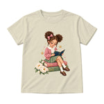 Storybook — Rose-Bowed Girl Reading Among Peonies — Youth T-Shirt / Natural