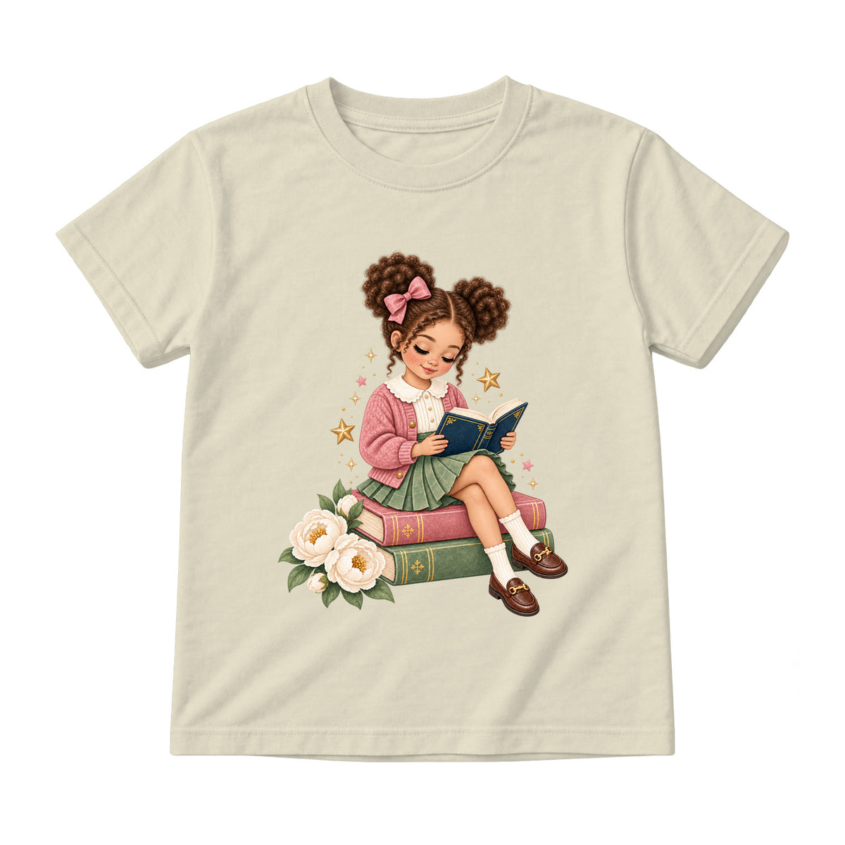 Storybook — Rose-Bowed Girl Reading Among Peonies — Youth T-Shirt / Natural