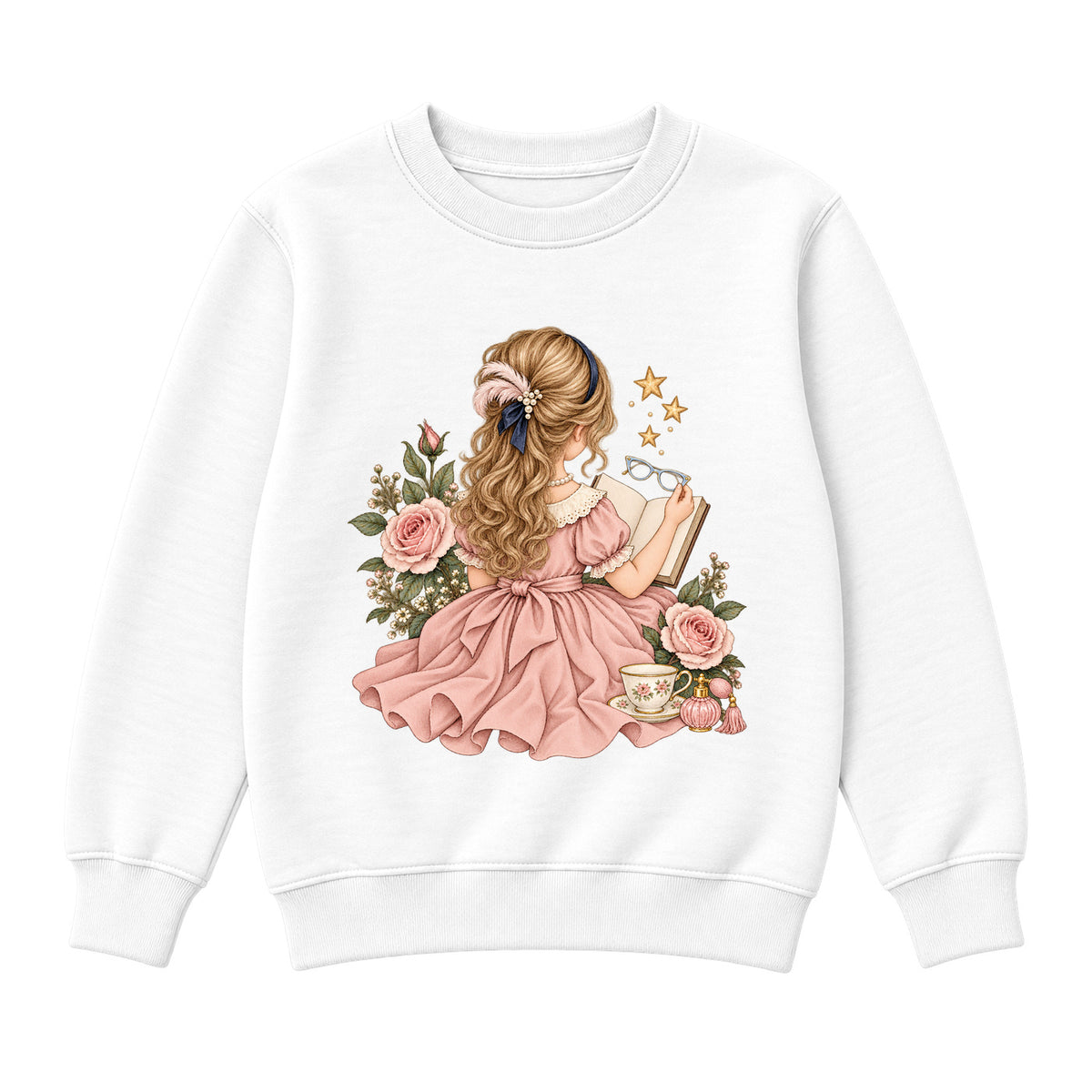 Storybook — Fancy Reader with Roses and Pearls — Boys' Sweatshirt / White