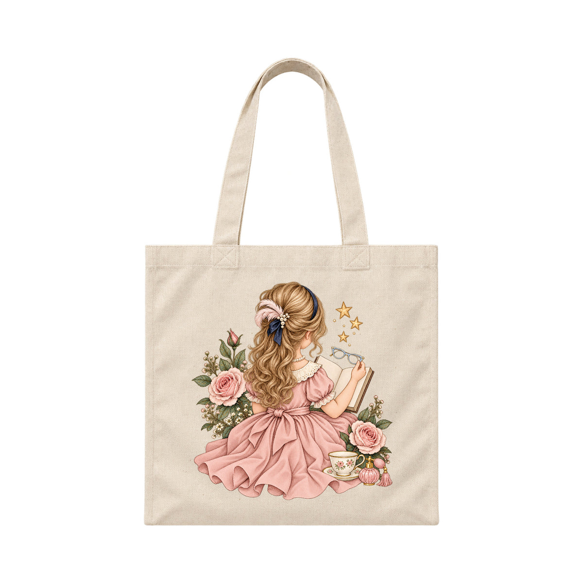 Storybook — Fancy Reader with Roses and Pearls — Canvas Tote / Natural