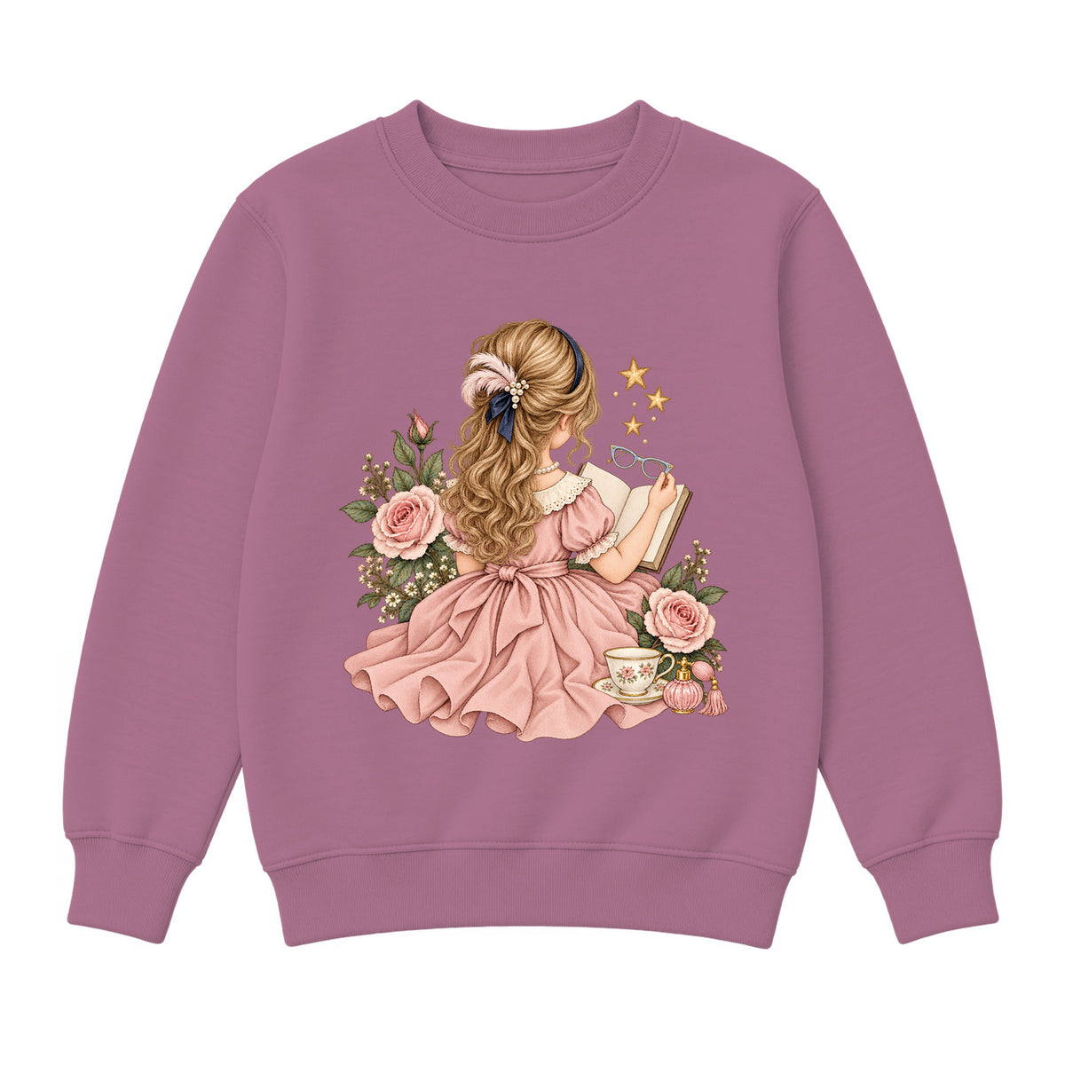 Storybook — Fancy Reader with Roses and Pearls — Girls' Sweatshirt / Mauvelous