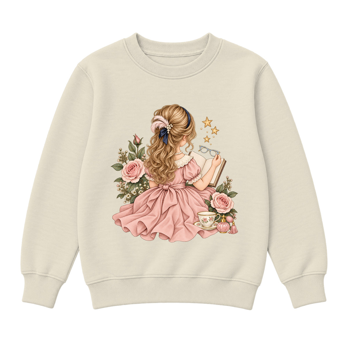 Storybook — Fancy Reader with Roses and Pearls — Girls' Sweatshirt / Natural Heather