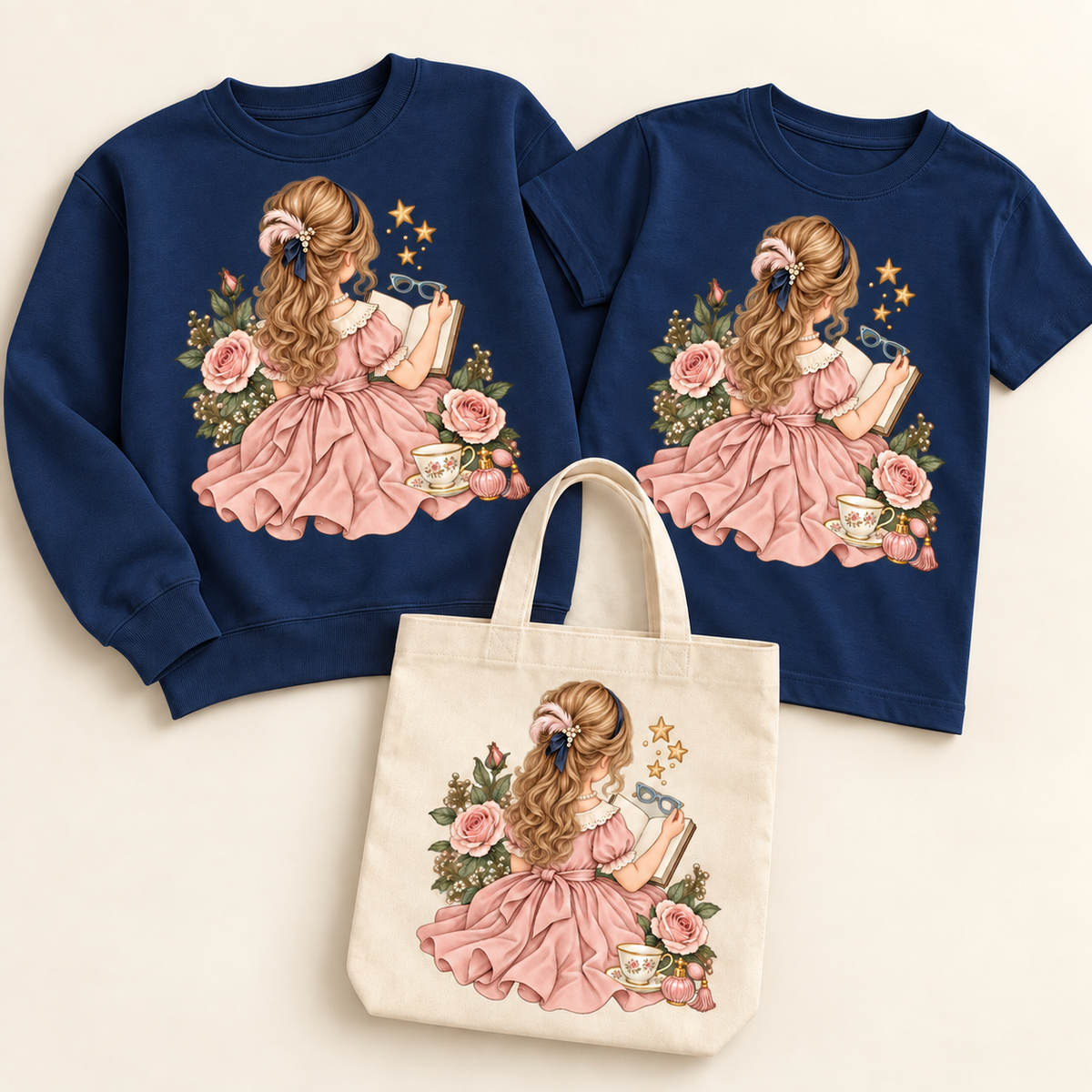 Storybook — Fancy Reader with Roses and Pearls — Navy sweatshirt and T-shirt, natural canvas tote