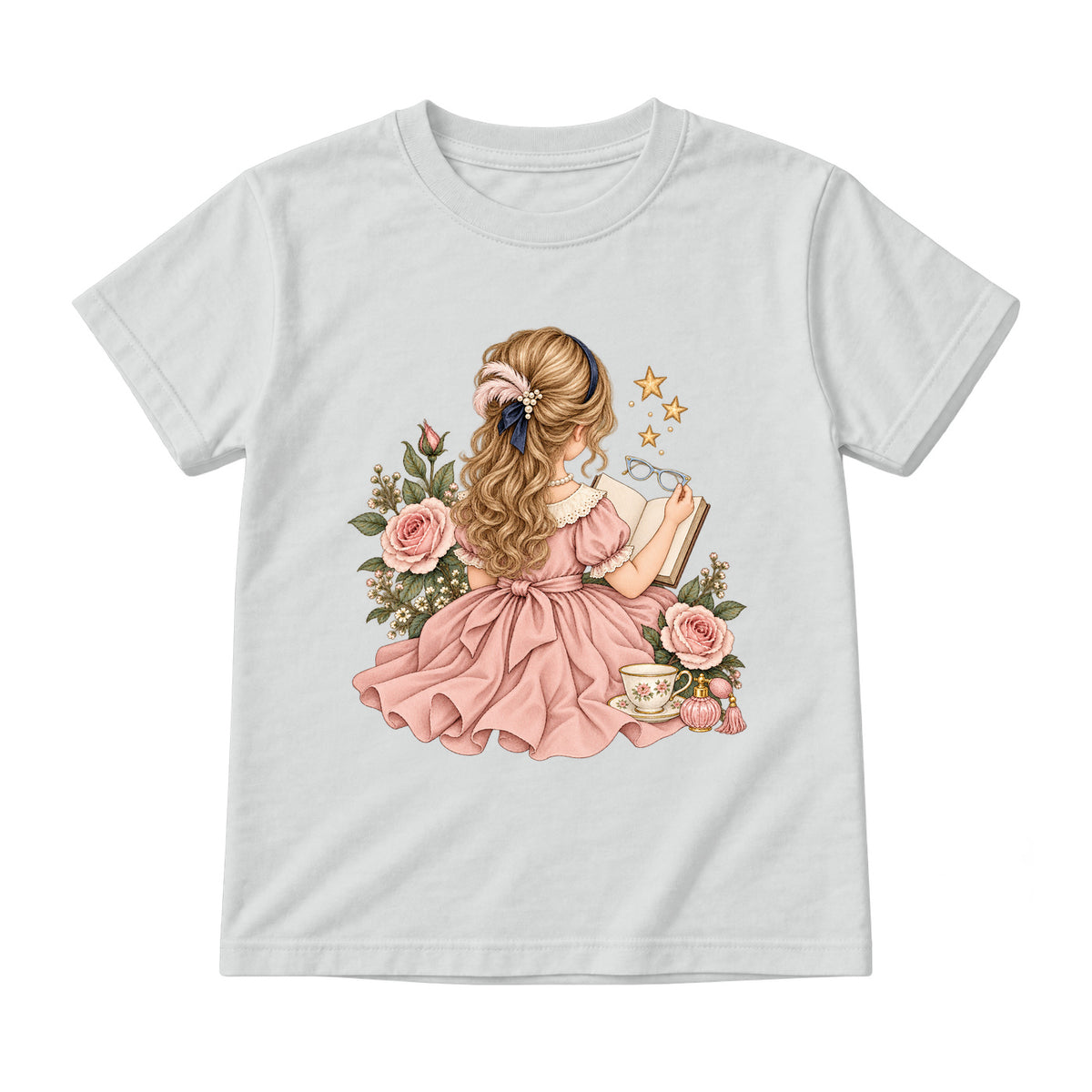Storybook — Fancy Reader with Roses and Pearls — Youth T-Shirt / Ash
