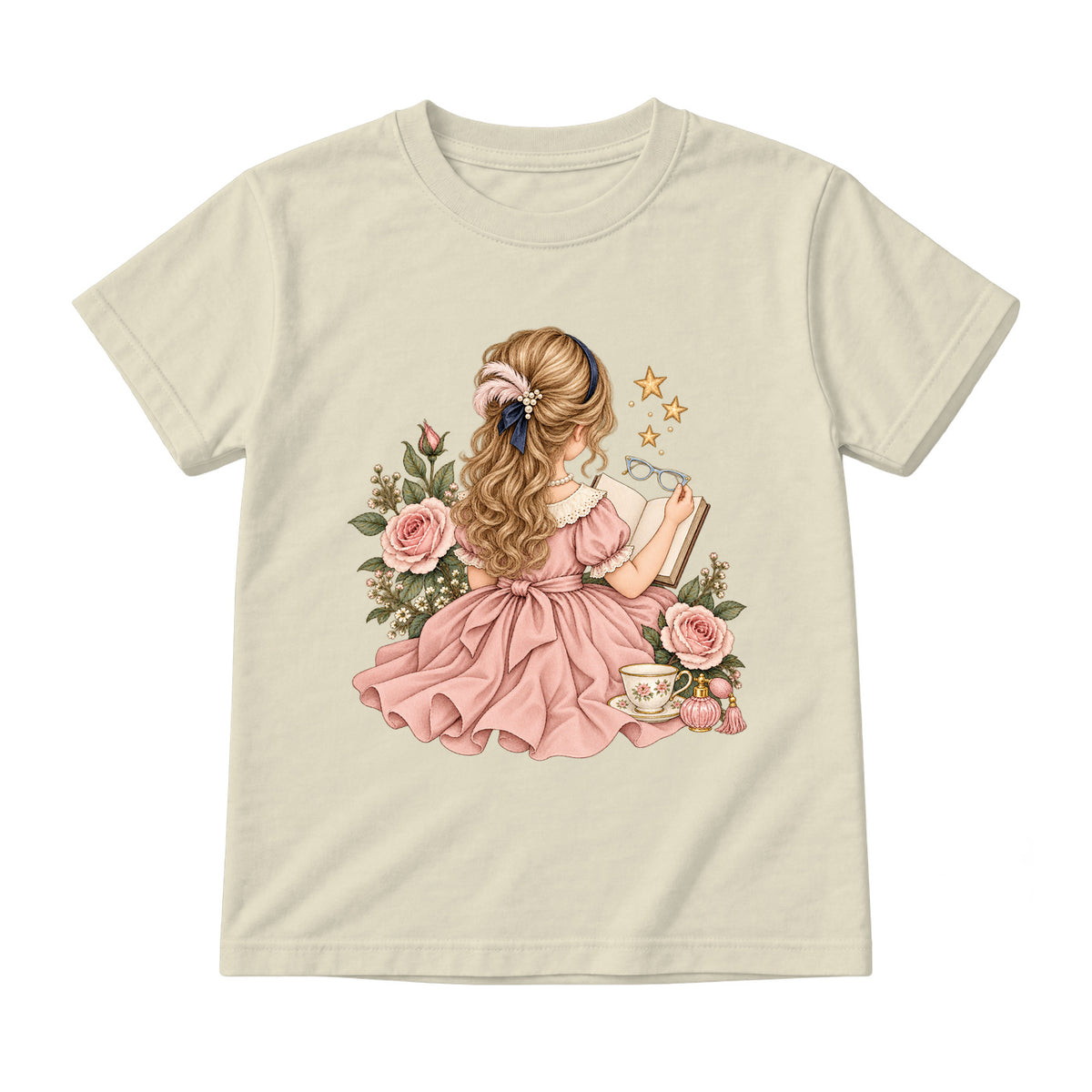 Storybook — Fancy Reader with Roses and Pearls — Youth T-Shirt / Natural