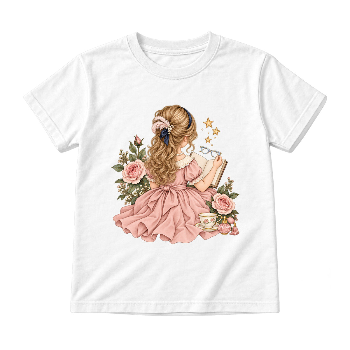 Storybook — Fancy Reader with Roses and Pearls — Youth T-Shirt / White