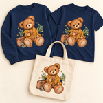 Button Bear — Navy sweatshirt and T-shirt, natural canvas tote