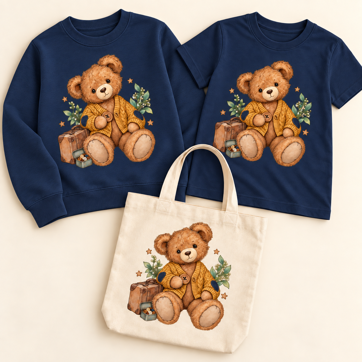 Button Bear — Navy sweatshirt and T-shirt, natural canvas tote