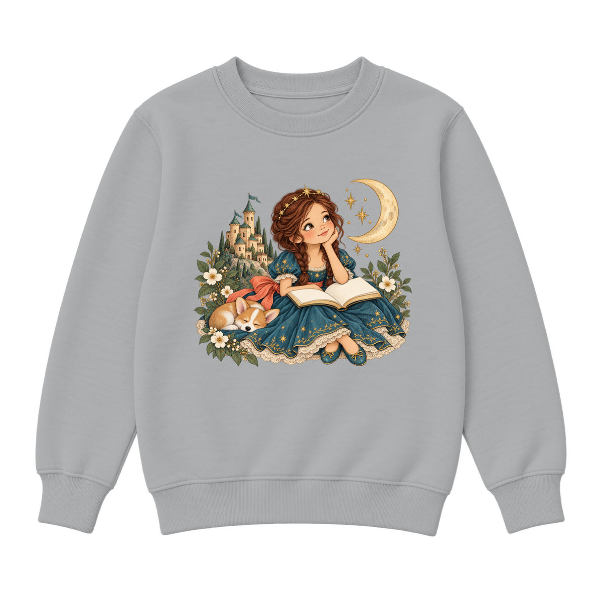 Storybook — Teal Princess Reading with Sleeping Corgi — Boys' Sweatshirt / Athletic Heather