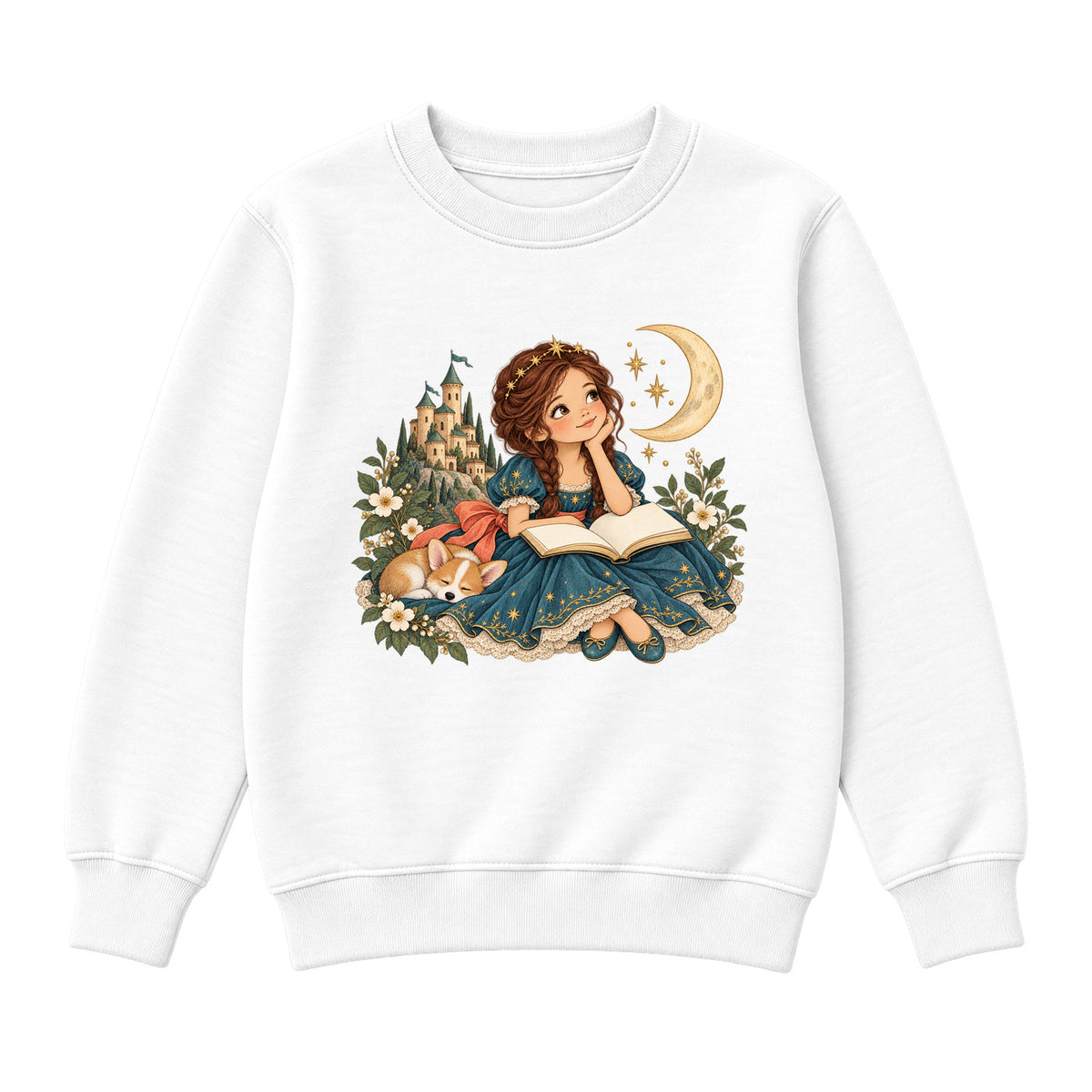 Storybook — Teal Princess Reading with Sleeping Corgi — Boys' Sweatshirt / White