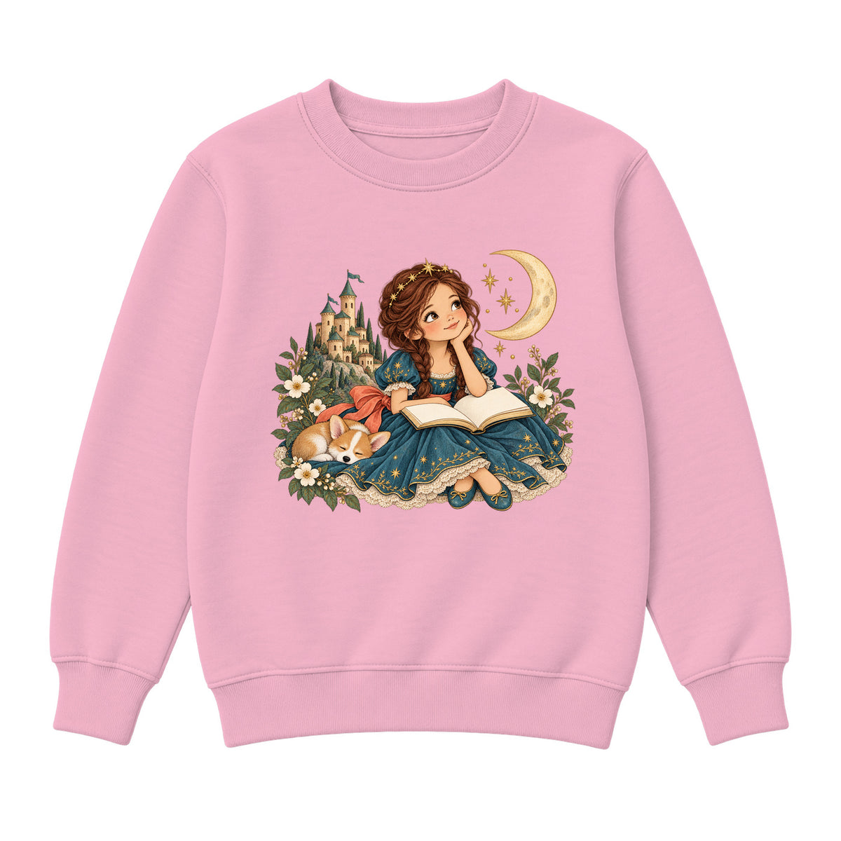 Storybook — Teal Princess Reading with Sleeping Corgi — Girls' Sweatshirt / Pink