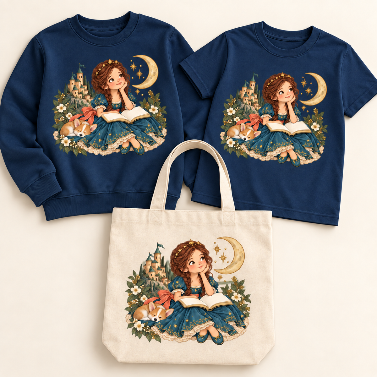 Storybook — Teal Princess Reading with Sleeping Corgi — Navy apparel preview