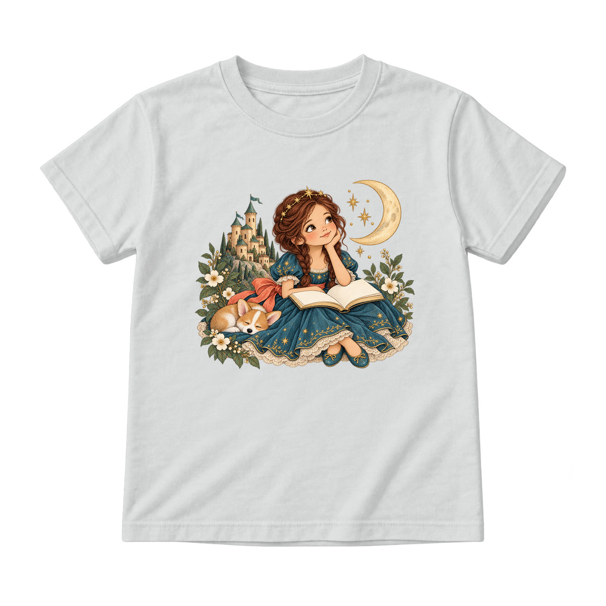 Storybook — Teal Princess Reading with Sleeping Corgi — Youth T-Shirt / Ash