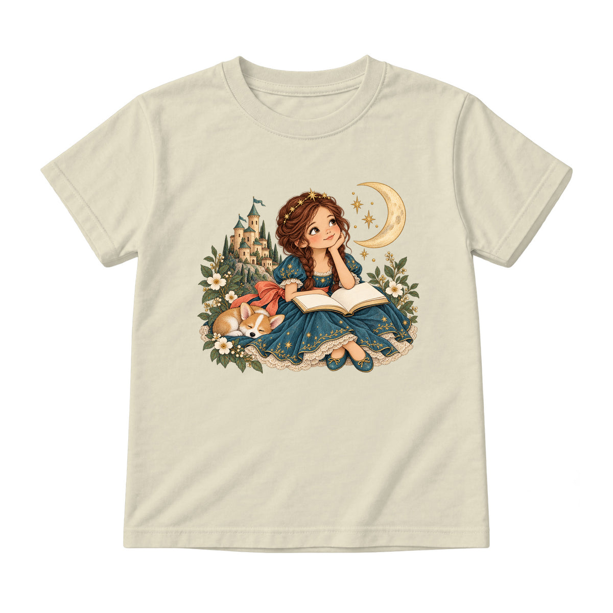Storybook — Teal Princess Reading with Sleeping Corgi — Youth T-Shirt / Natural
