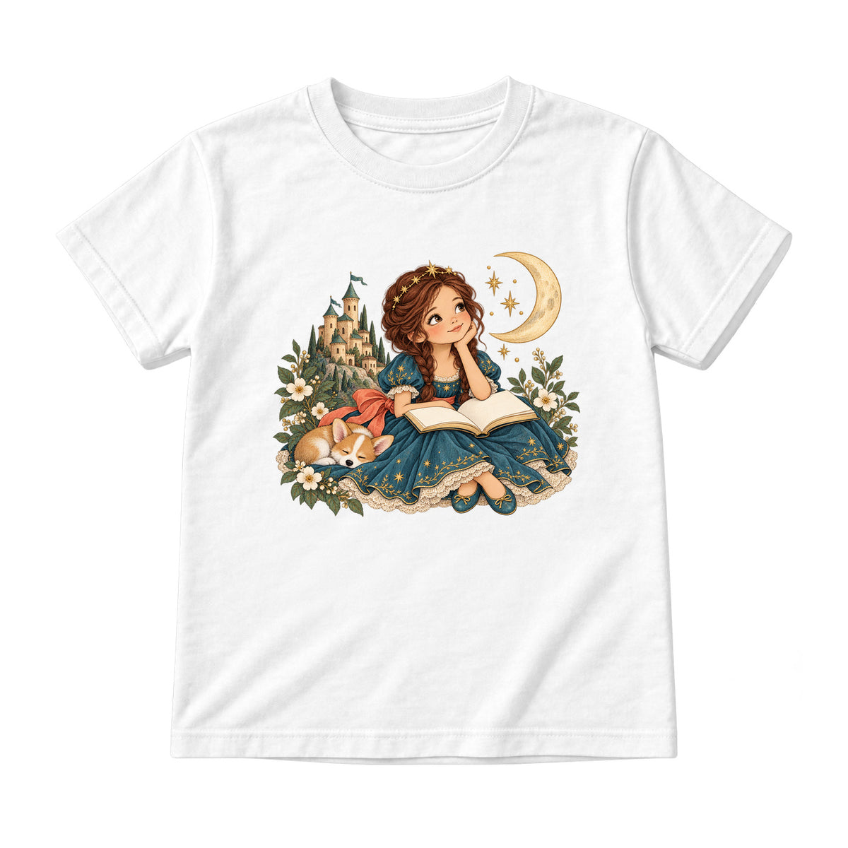 Storybook — Teal Princess Reading with Sleeping Corgi — Youth T-Shirt / White