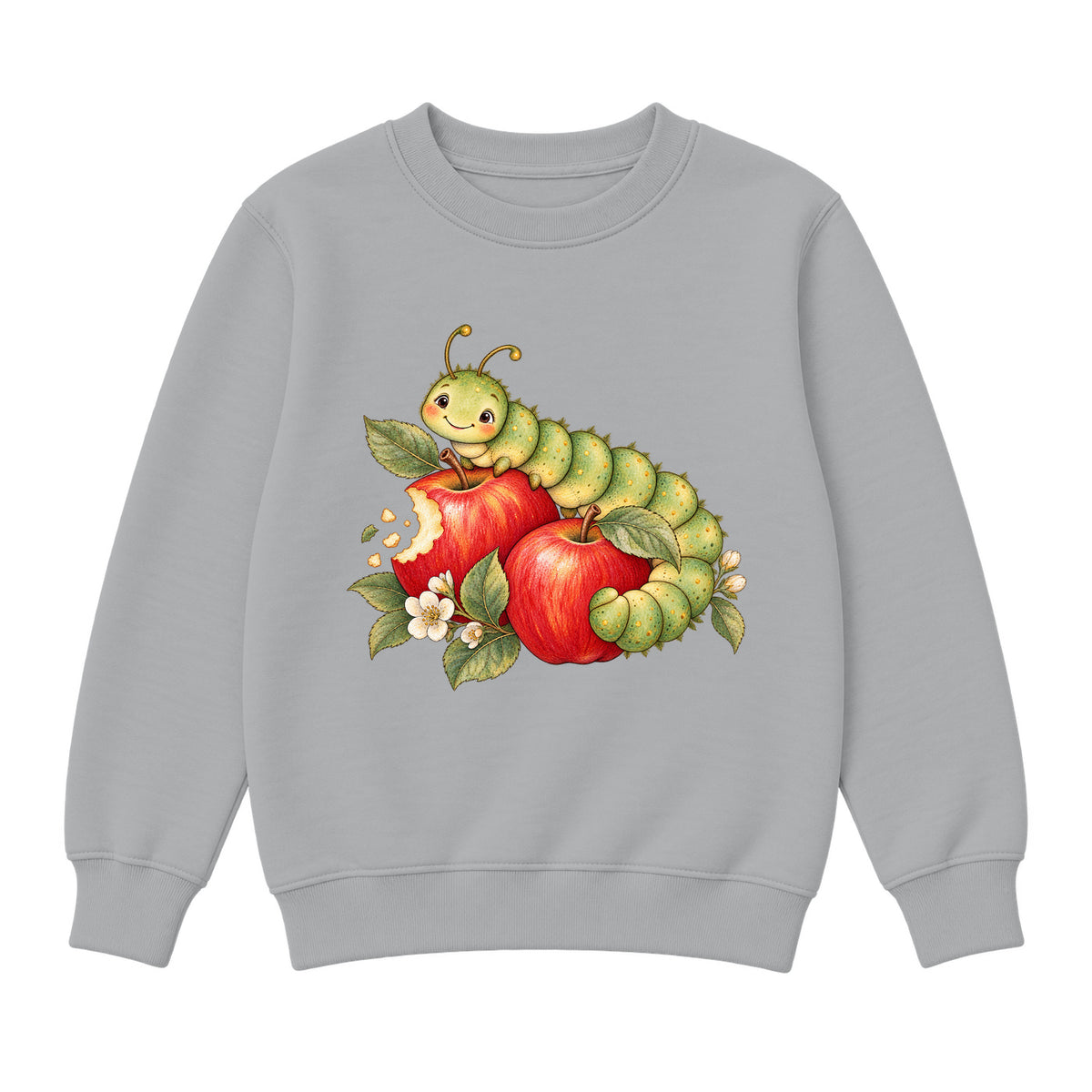 Storybook — Sage Caterpillar and Bite-Marked Apples — Boys' Sweatshirt / Athletic Heather