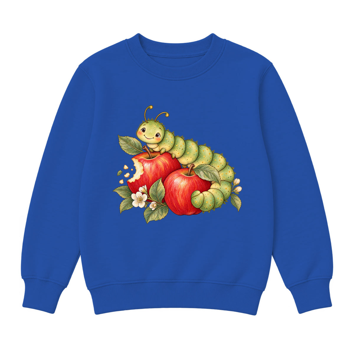 Storybook — Sage Caterpillar and Bite-Marked Apples — Boys' Sweatshirt / Royal