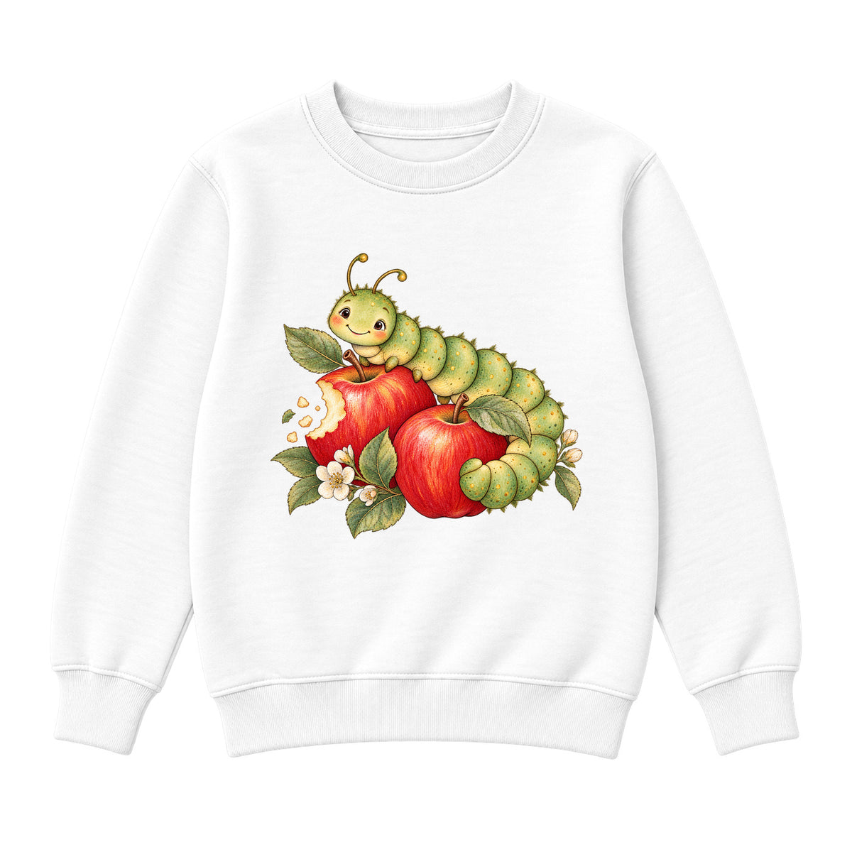 Storybook — Sage Caterpillar and Bite-Marked Apples — Boys' Sweatshirt / White