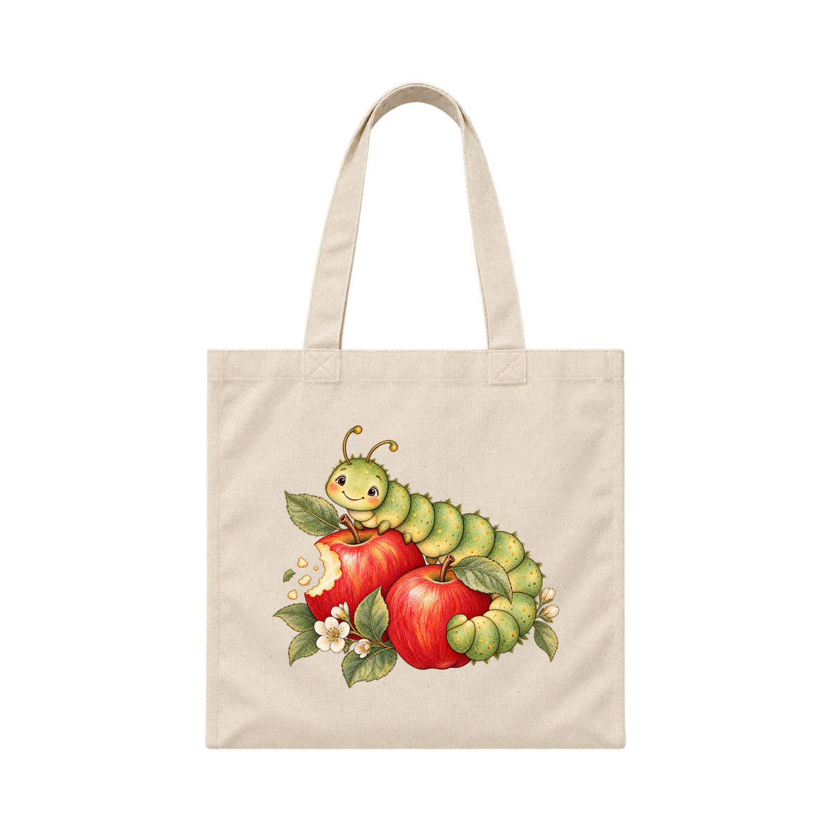 Storybook — Sage Caterpillar and Bite-Marked Apples — Canvas Tote / Natural
