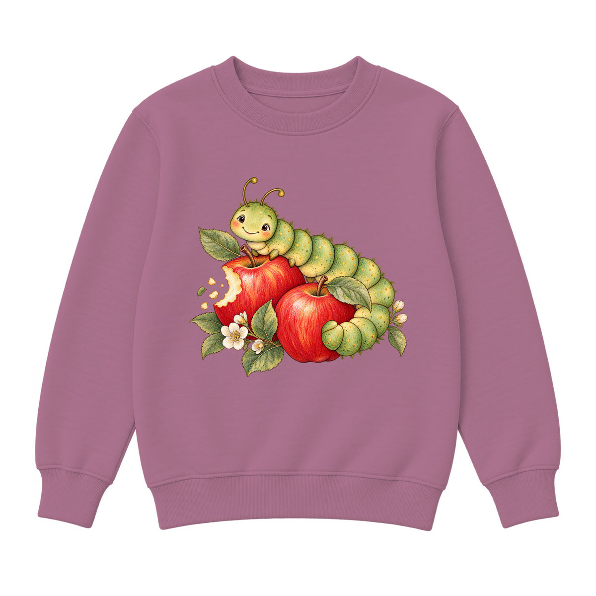 Storybook — Sage Caterpillar and Bite-Marked Apples — Girls' Sweatshirt / Mauvelous