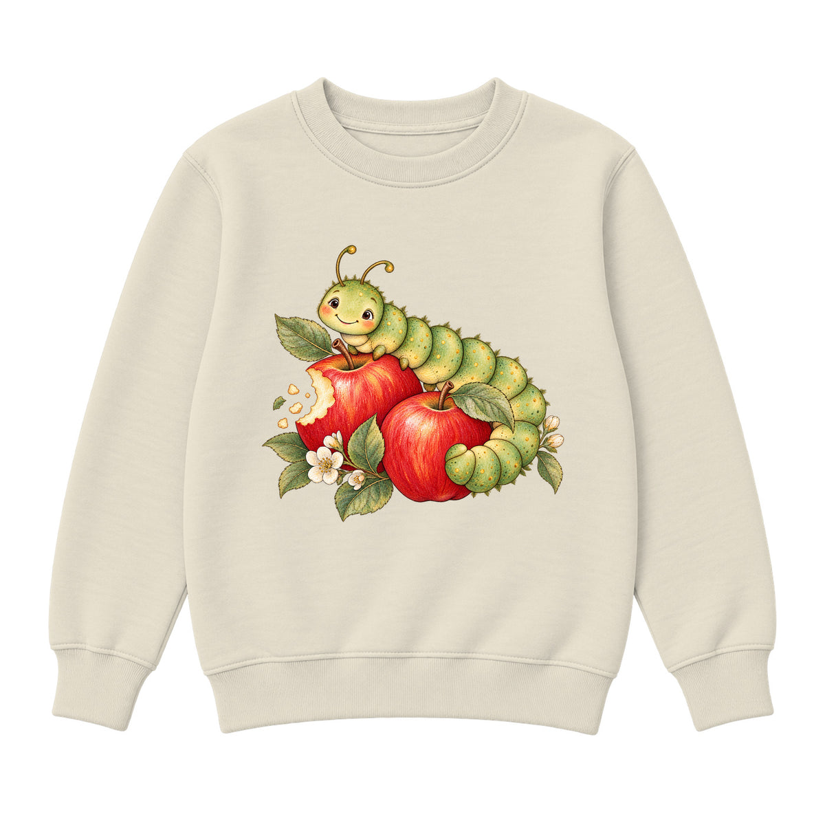 Storybook — Sage Caterpillar and Bite-Marked Apples — Girls' Sweatshirt / Natural Heather