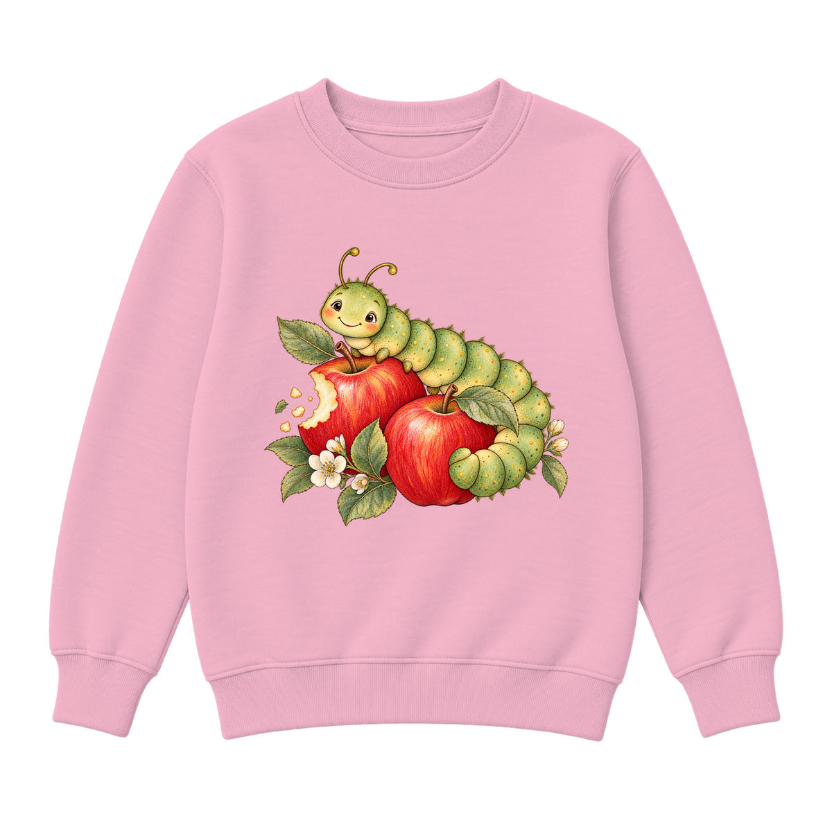 Storybook — Sage Caterpillar and Bite-Marked Apples — Girls' Sweatshirt / Pink