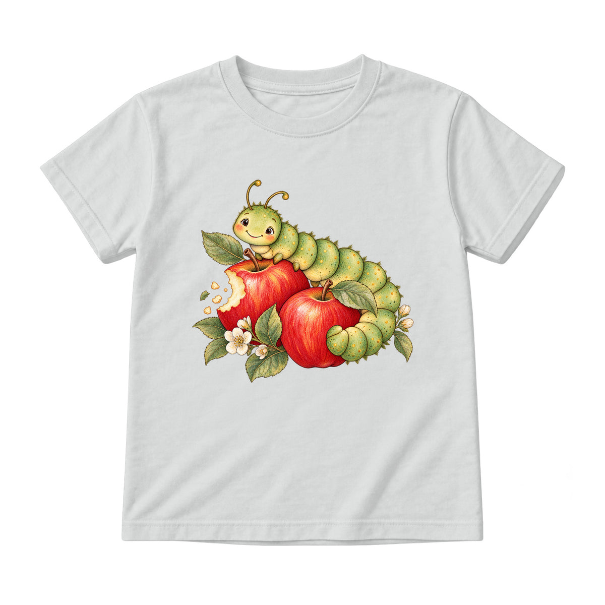 Storybook — Sage Caterpillar and Bite-Marked Apples — Youth T-Shirt / Ash