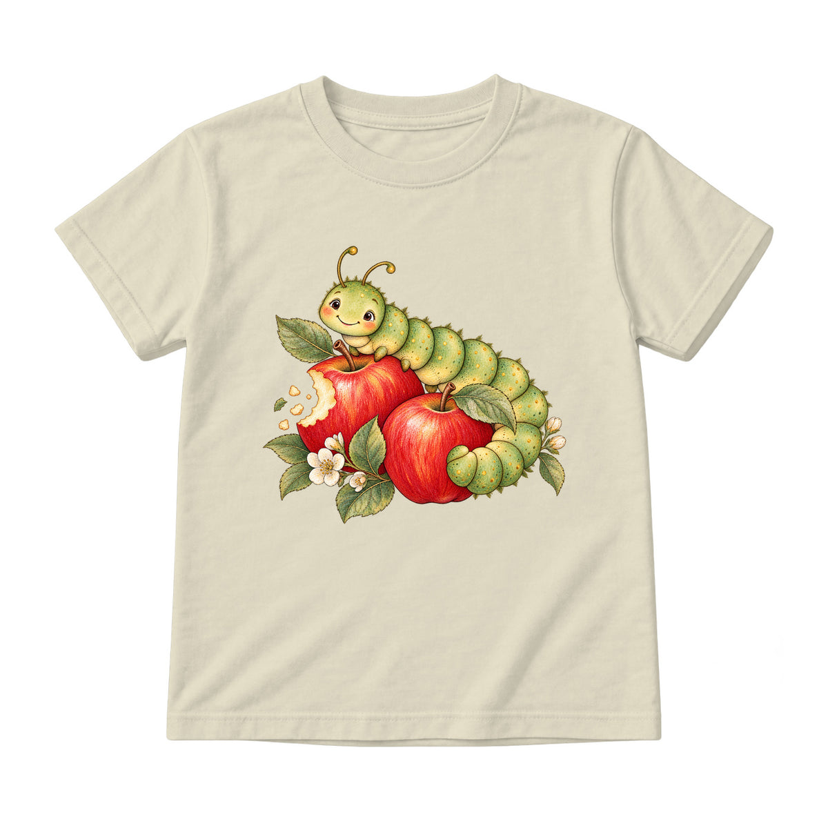 Storybook — Sage Caterpillar and Bite-Marked Apples — Youth T-Shirt / Natural