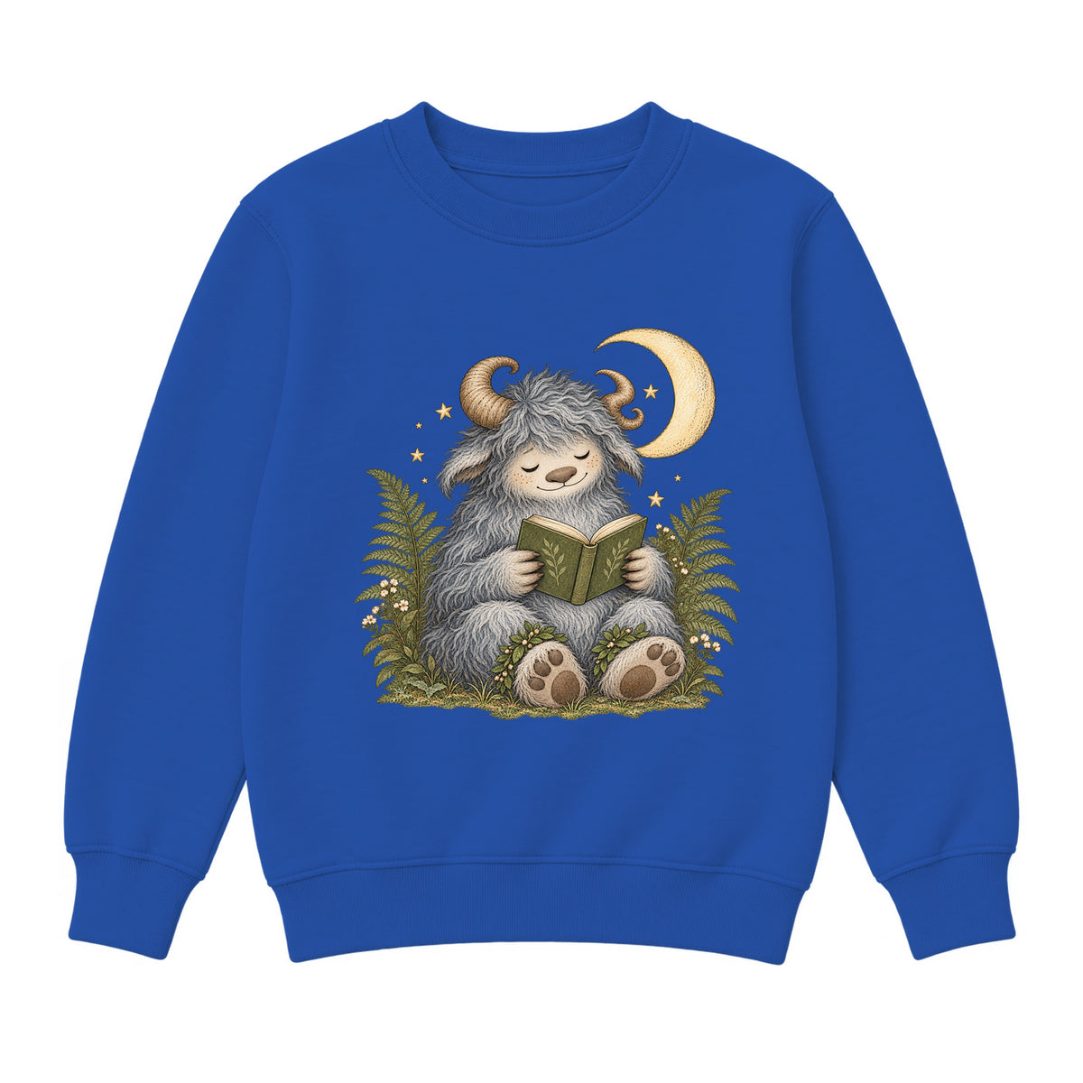 Storybook — Wild Creature Reading Beneath Crescent Moon — Boys' Sweatshirt / Royal