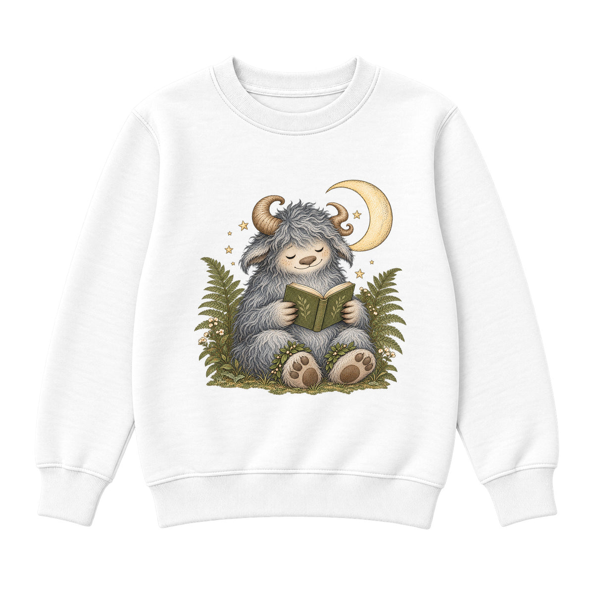Storybook — Wild Creature Reading Beneath Crescent Moon — Boys' Sweatshirt / White