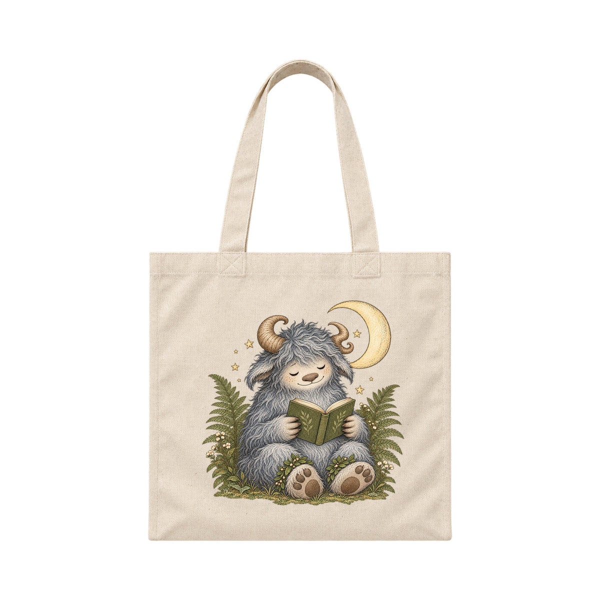 Storybook — Wild Creature Reading Beneath Crescent Moon — Canvas Tote / Natural