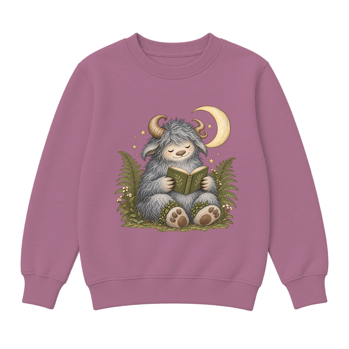 Storybook — Wild Creature Reading Beneath Crescent Moon — Girls' Sweatshirt / Mauvelous
