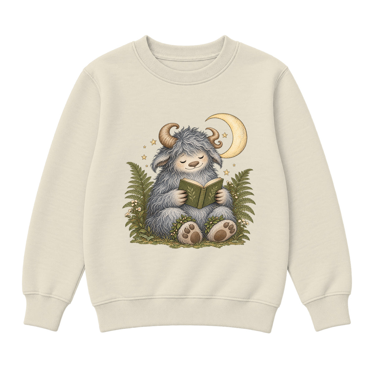 Storybook — Wild Creature Reading Beneath Crescent Moon — Girls' Sweatshirt / Natural Heather