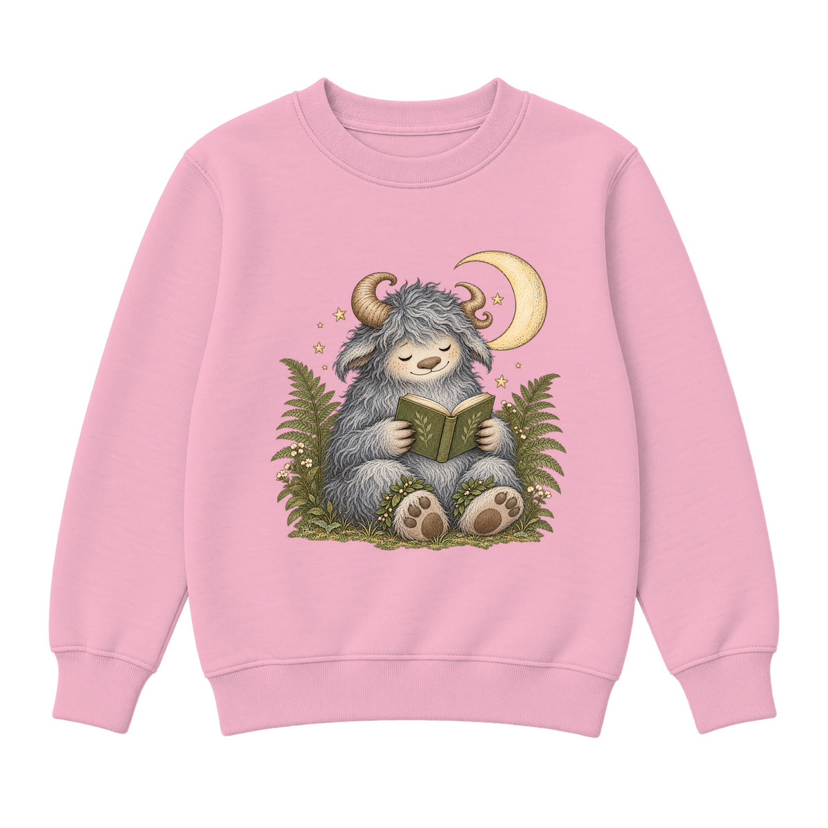 Storybook — Wild Creature Reading Beneath Crescent Moon — Girls' Sweatshirt / Pink